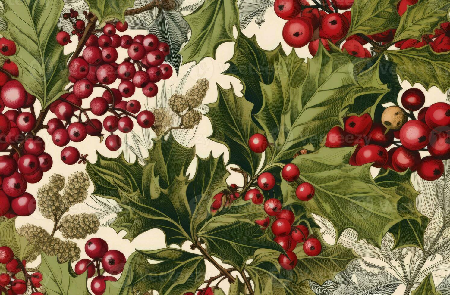 Christmas berries vintage card border. Generate Ai photo