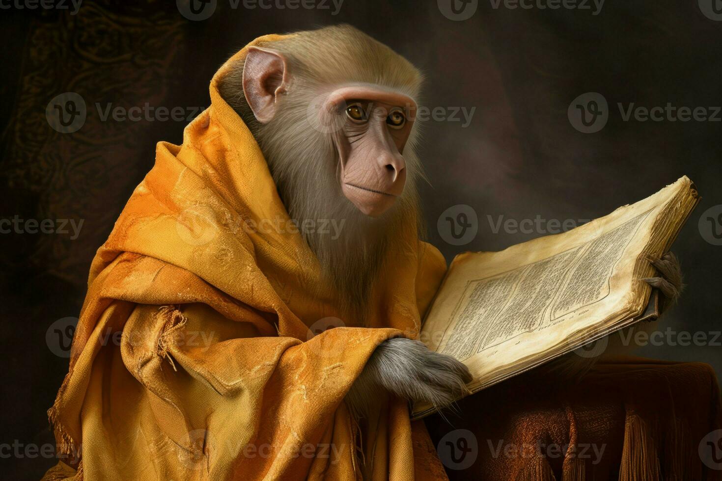 Medieval monkey baboon reading. Generate Ai photo