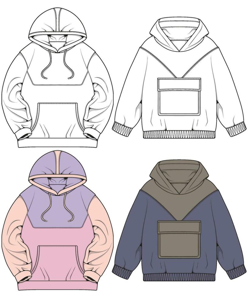 Oversized hoodie technical fashion illustration with relaxed fit, long sleeves. Flat outwear jumper apparel template. Women, men, unisex sweatshirt top mockup vector