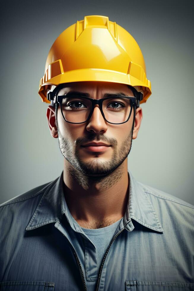 Confident handsome worker in uniform and safe at workplace by AI Generative photo