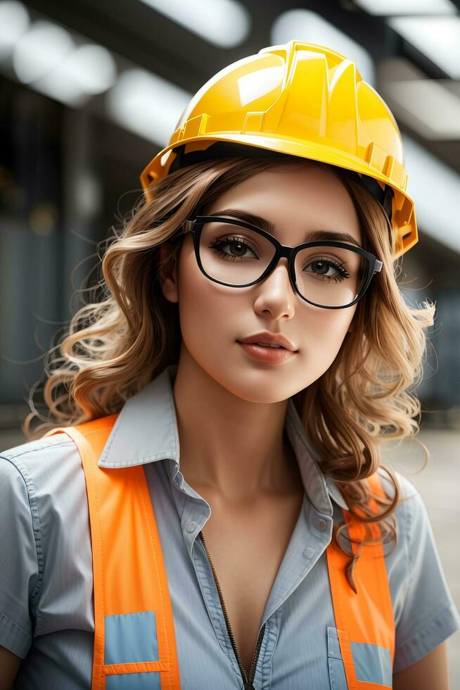 Young woman in safety equipment working by AI Generative photo