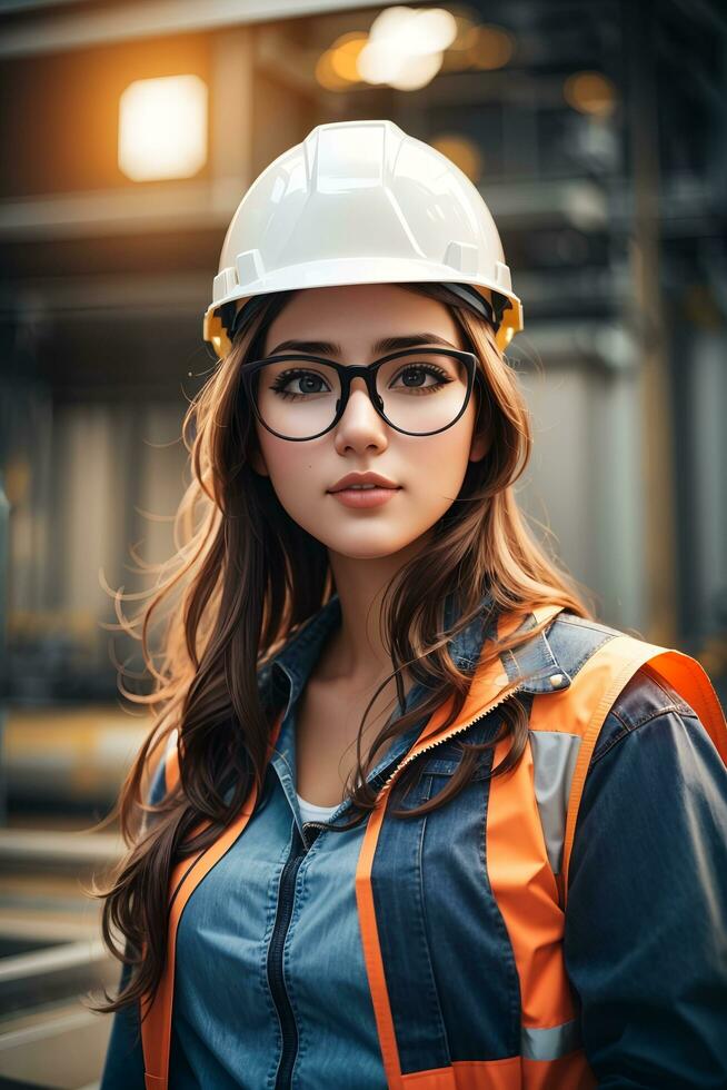 Young woman in safety equipment working by AI Generative photo