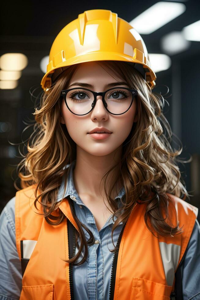 Young woman in safety equipment working by AI Generative photo