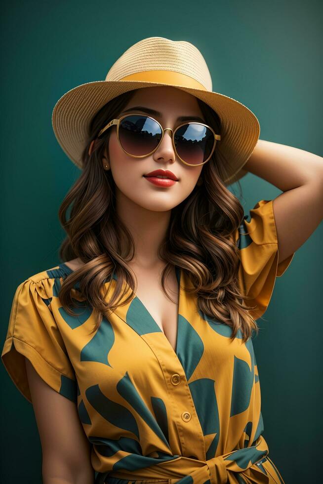 mujer en moderno ropa con Gafas de sol por ai generativo foto