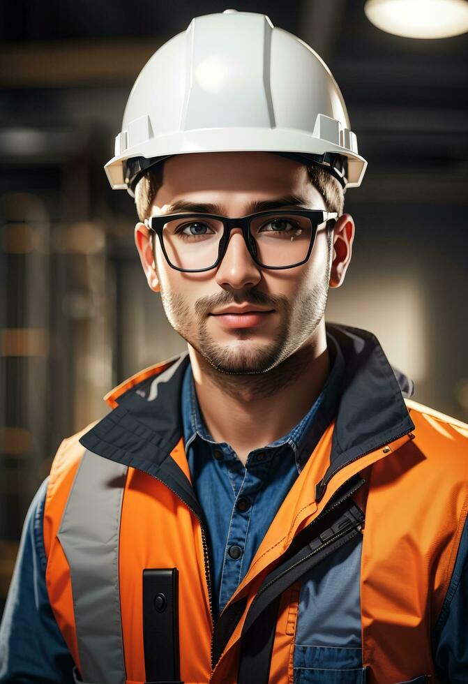 Confident handsome worker in uniform and safe at workplace by AI Generative photo