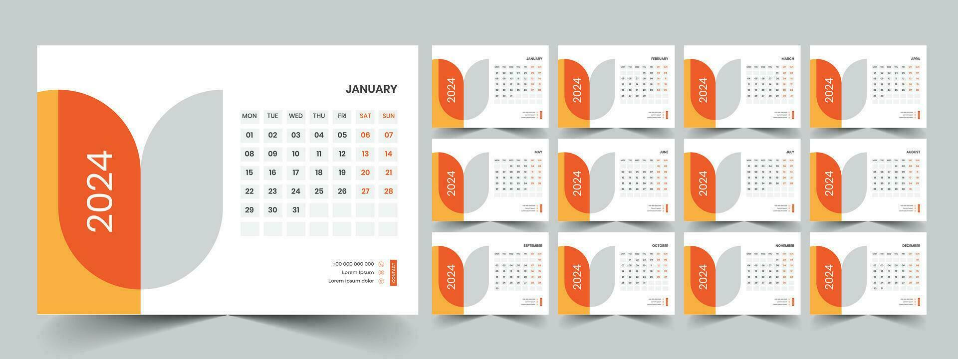 Calendar 2024 planner corporate template design set. Week starts on Monday. template for annual calendar 2024 vector