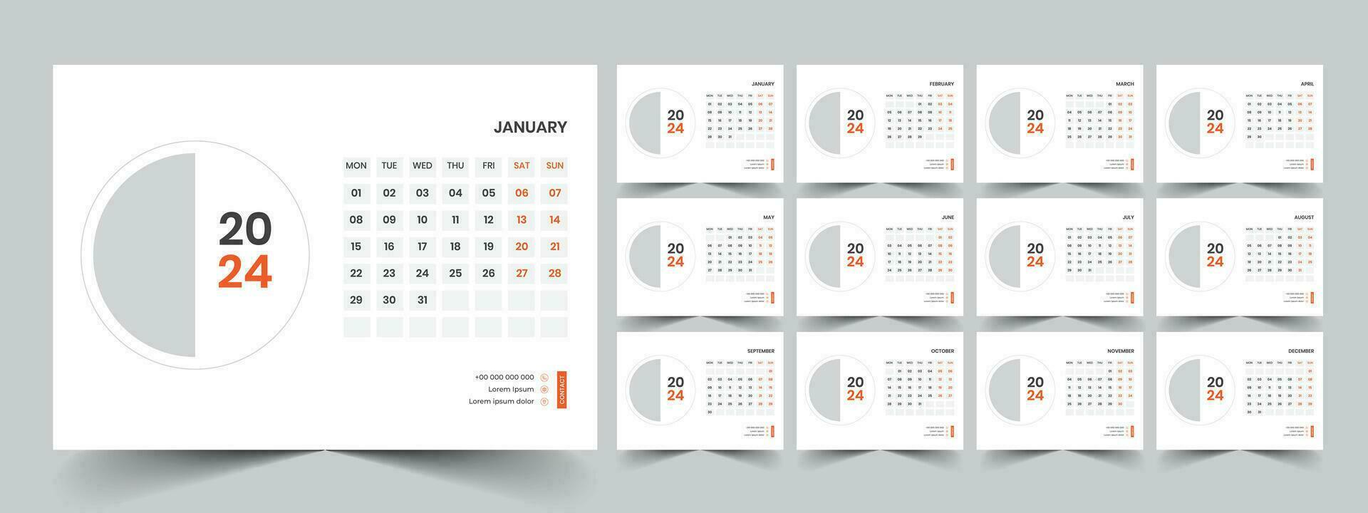 Calendar 2024 planner corporate template design set. Week starts on Monday. template for annual calendar 2024 vector