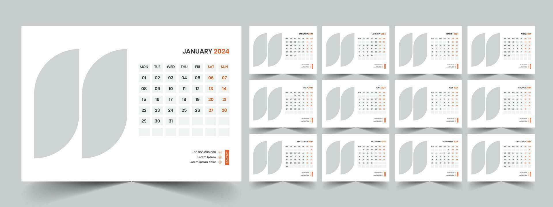 Calendar 2024 planner corporate template design set. Week starts on Monday. template for annual calendar 2024 vector