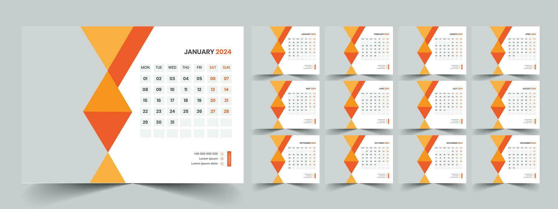 Calendar 2024 planner corporate template design set. Week starts on Monday. template for annual calendar 2024 vector