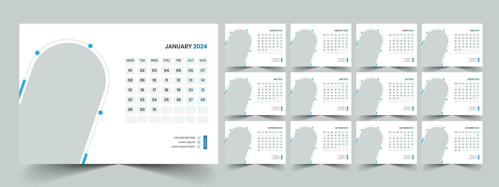 Calendar 2024 planner corporate template design set. Week starts on Monday. template for annual calendar 2024 vector