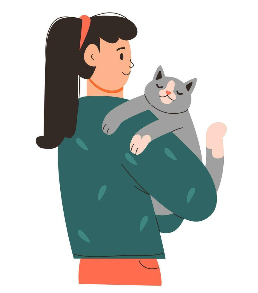 A woman with a cat in her arms. A woman hugs a kitten. Pet owner. Flat vector illustration.