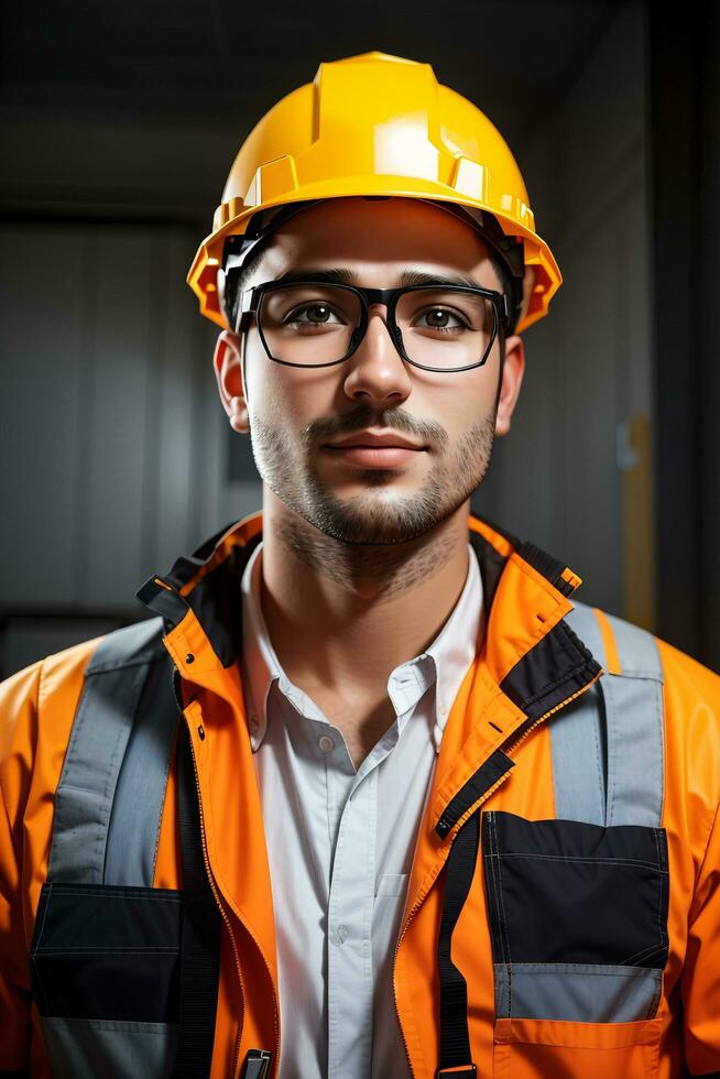 confidente hermoso trabajador en uniforme y seguro a lugar de trabajo por ai generativo foto