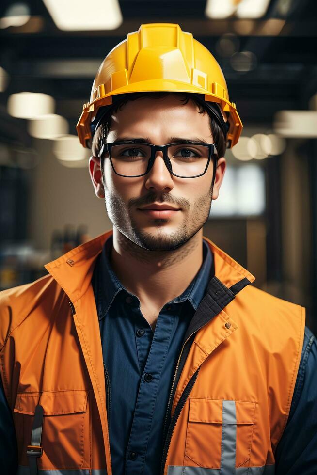 Confident handsome worker in uniform and safe at workplace by AI Generative photo