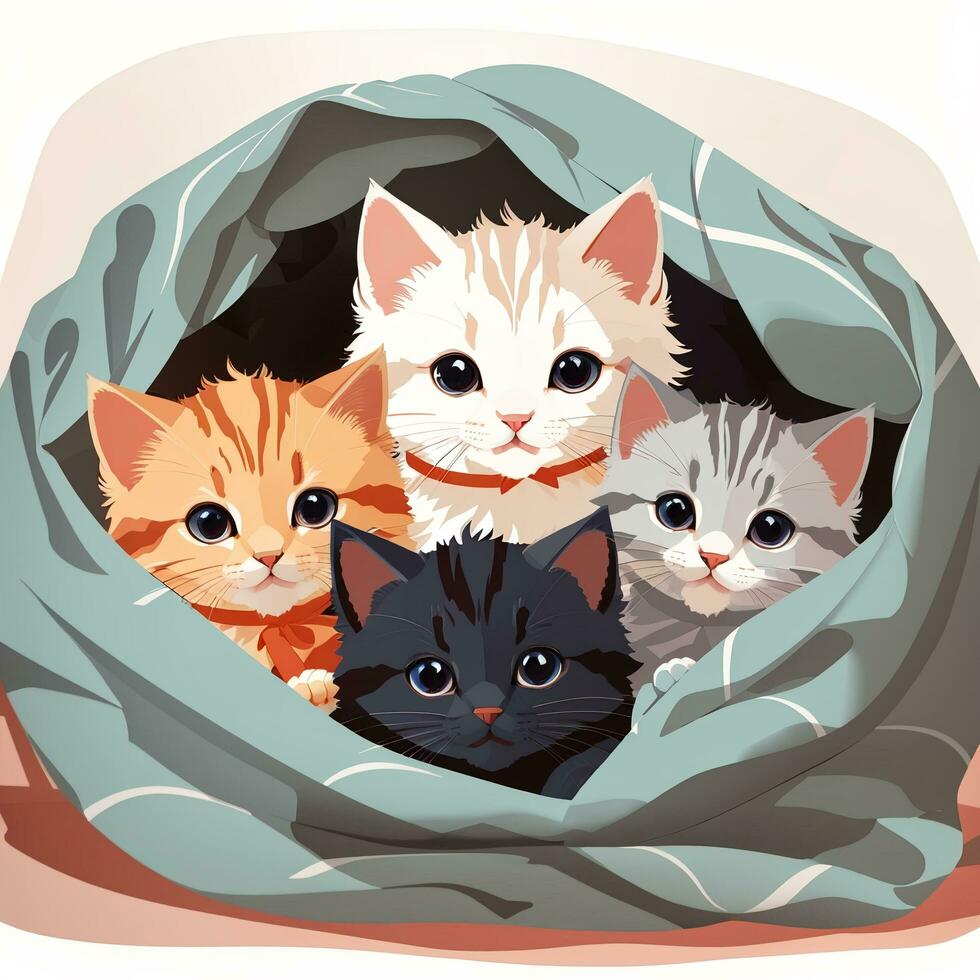 A group of adorable kittens cuddled up together in a cozy blanket fort  illustration art by AI Generative photo