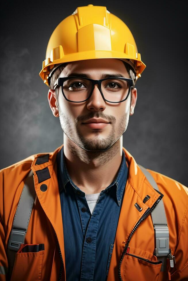 Confident handsome worker in uniform and safe at workplace by AI Generative photo