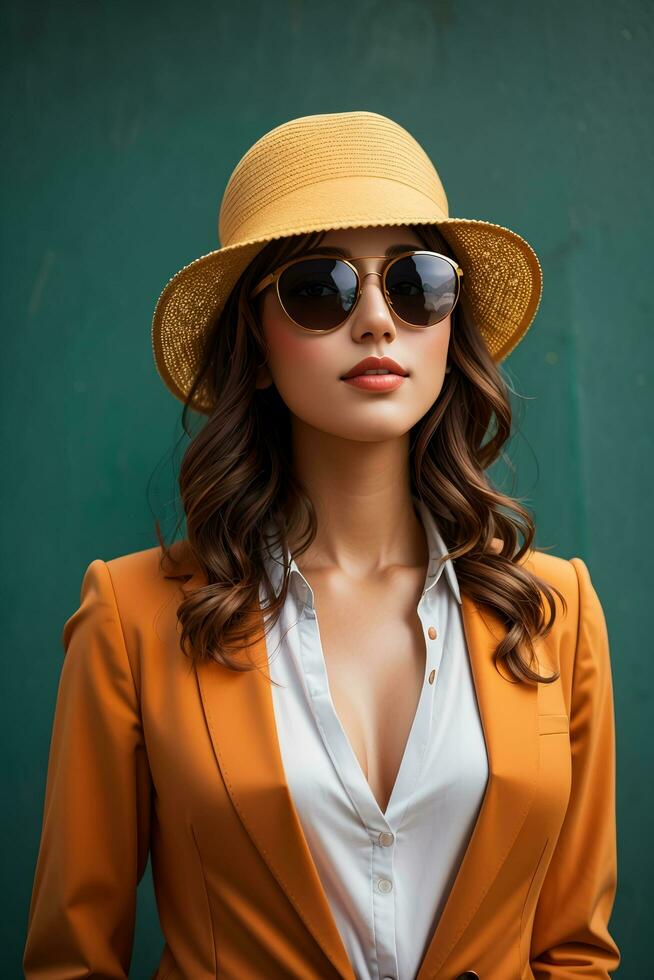 Woman in modern clothes with sunglasses by AI Generative photo