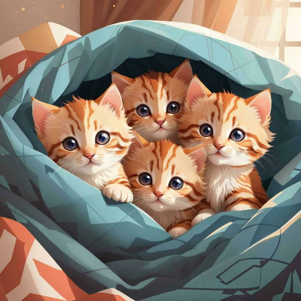 A group of adorable kittens cuddled up together in a cozy blanket fort  illustration art by AI Generative photo