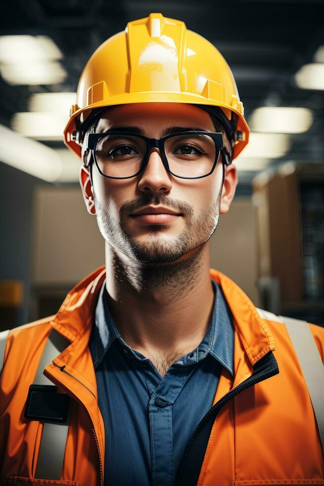 Confident handsome worker in uniform and safe at workplace by AI Generative photo