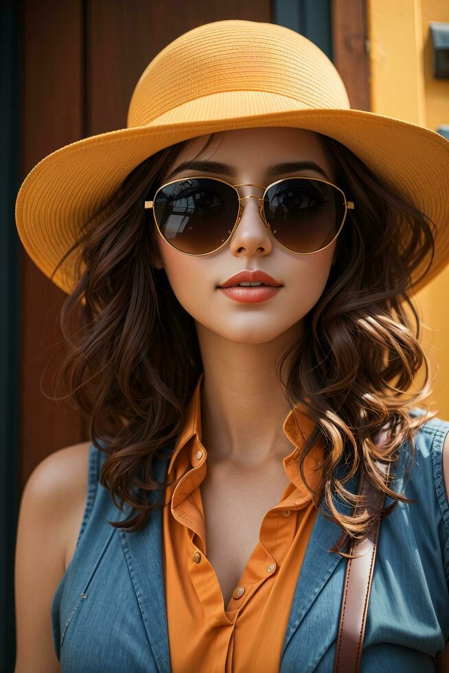 Woman in modern clothes with sunglasses by AI Generative photo