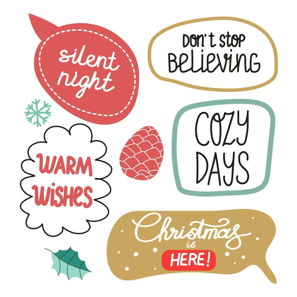 Christmas stickers set. Winter festive quotes. Cute holiday badges, lettering, doodle quotes, stickers. Vector illustration.