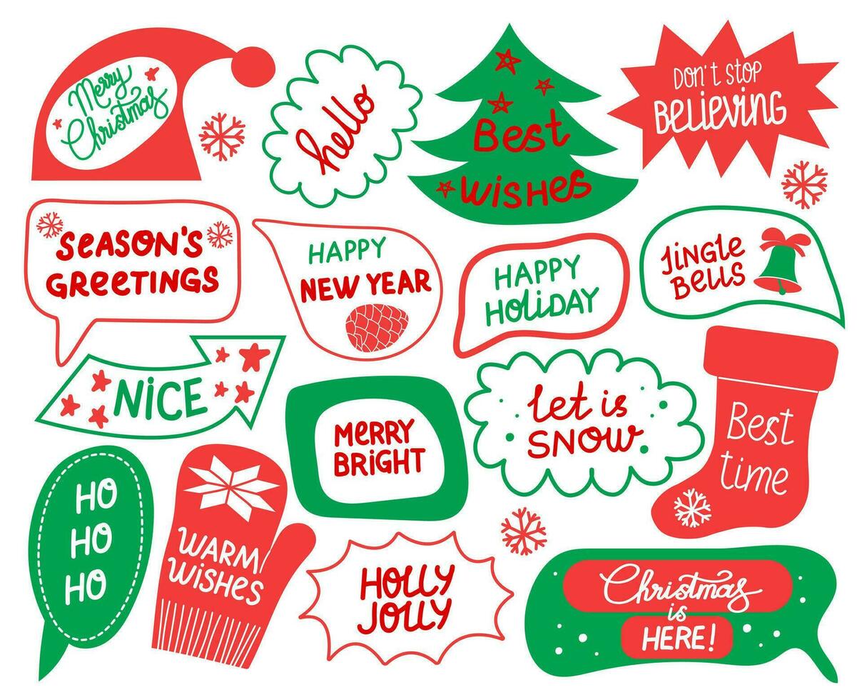 Christmas stickers set. Winter festive quotes. Cute holiday badges, lettering, doodle quotes, stickers. Vector illustration.