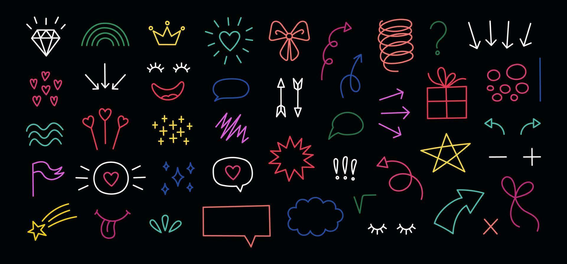 Hand drawn doodle elements set. Dark theme. Cartoon illustrations on black background. Neon elements. Hand drawn Abstract shapes. Doodles of hearts, rainbow, bows, stars, gifts, arrows. vector
