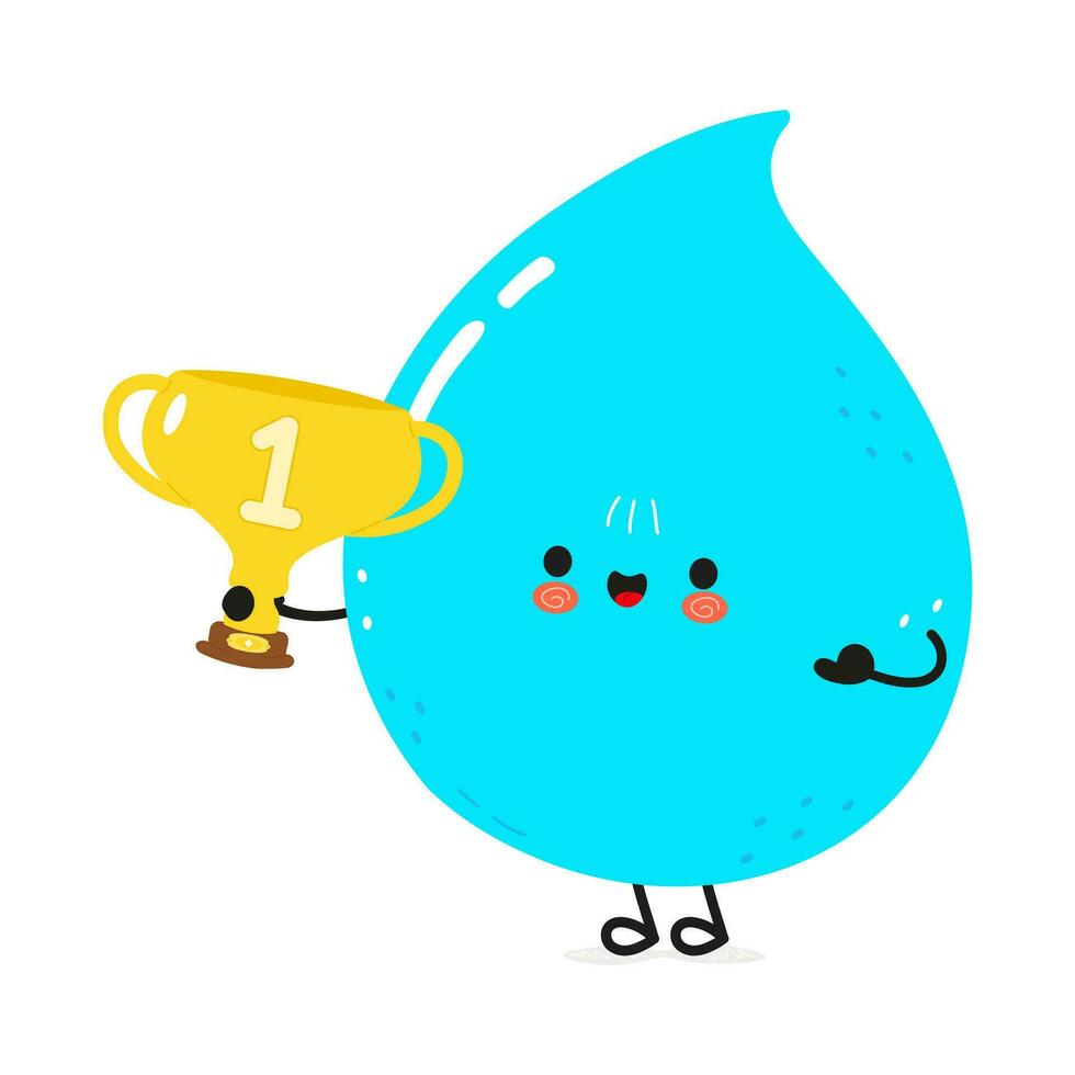 agua soltar sostener oro trofeo taza. vector mano dibujado dibujos animados kawaii personaje ilustración icono. aislado en blanco antecedentes. agua soltar con ganador trofeo taza