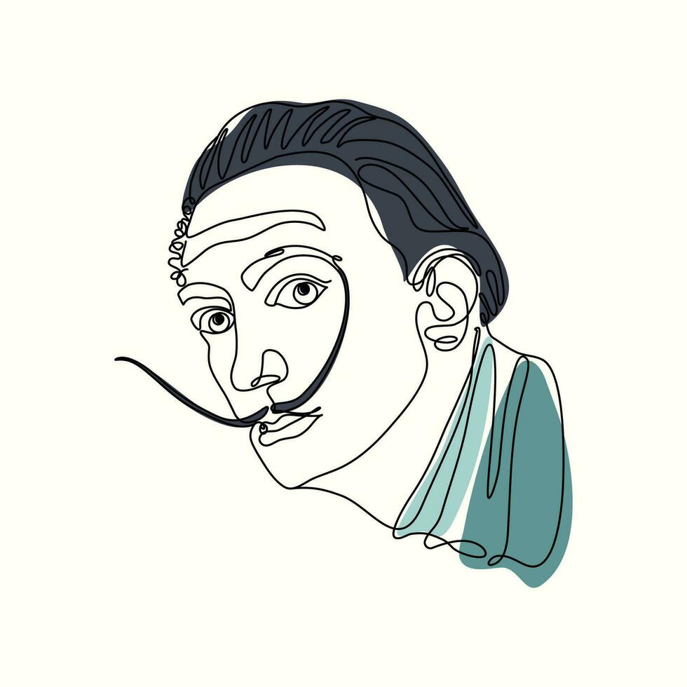 Salvador Dali vector one line art portrait. Famous Spanish artist