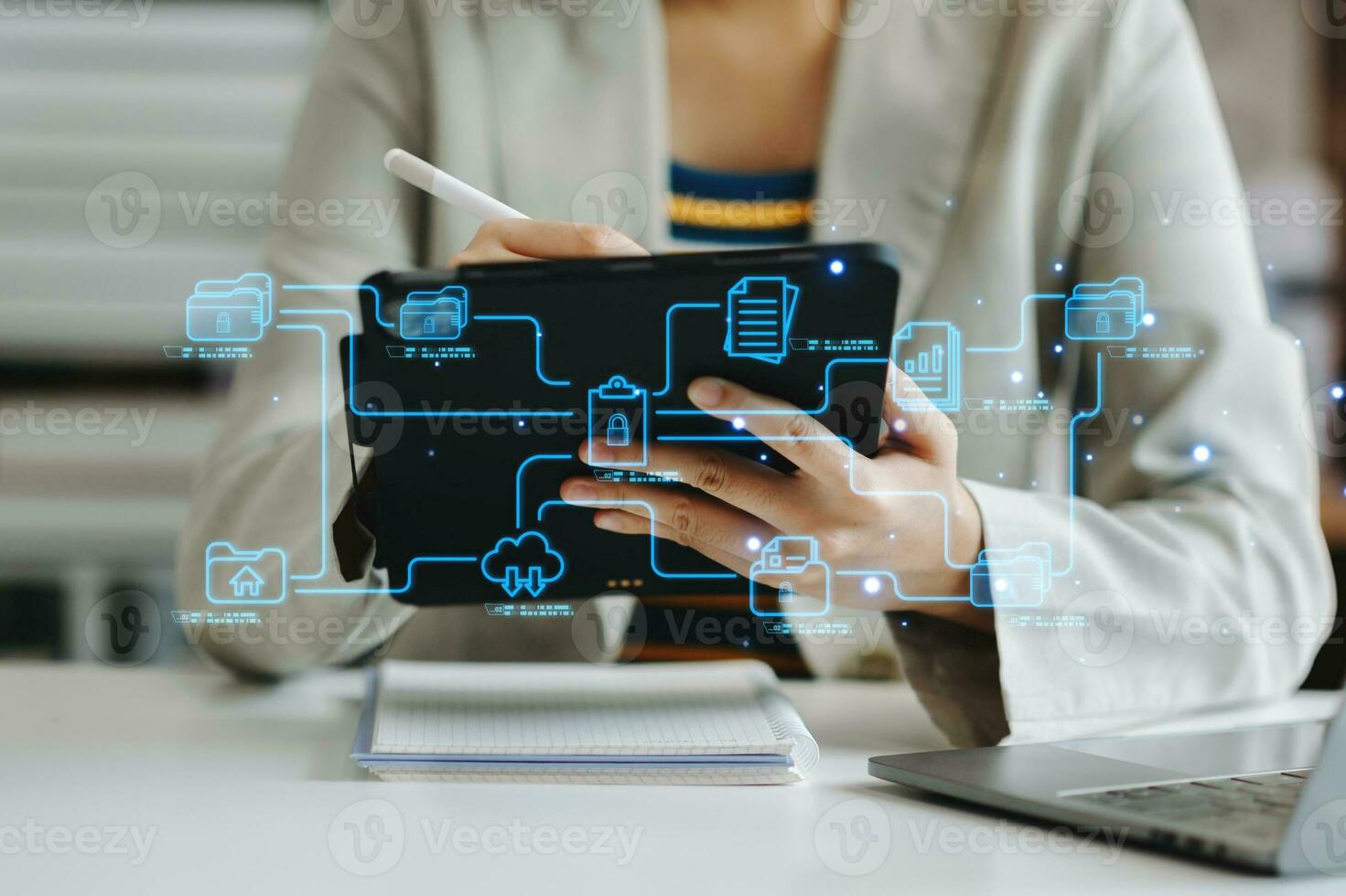 Blockchain financial technology to secure cryptocurrencies for online payment and digital transaction. Fintech concept. Man working on laptop computer, smartphone and tablet. with virtual icon photo