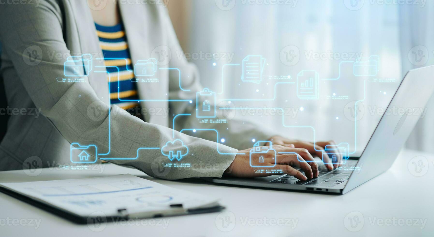Blockchain financial technology to secure cryptocurrencies for online payment and digital transaction. Fintech concept. Man working on laptop computer, smartphone and tablet. with virtual icon photo