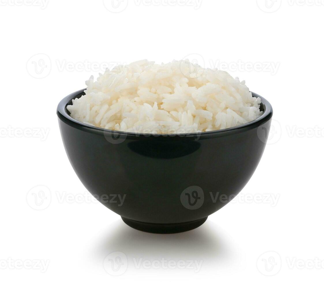 rice in black bowl on white background photo