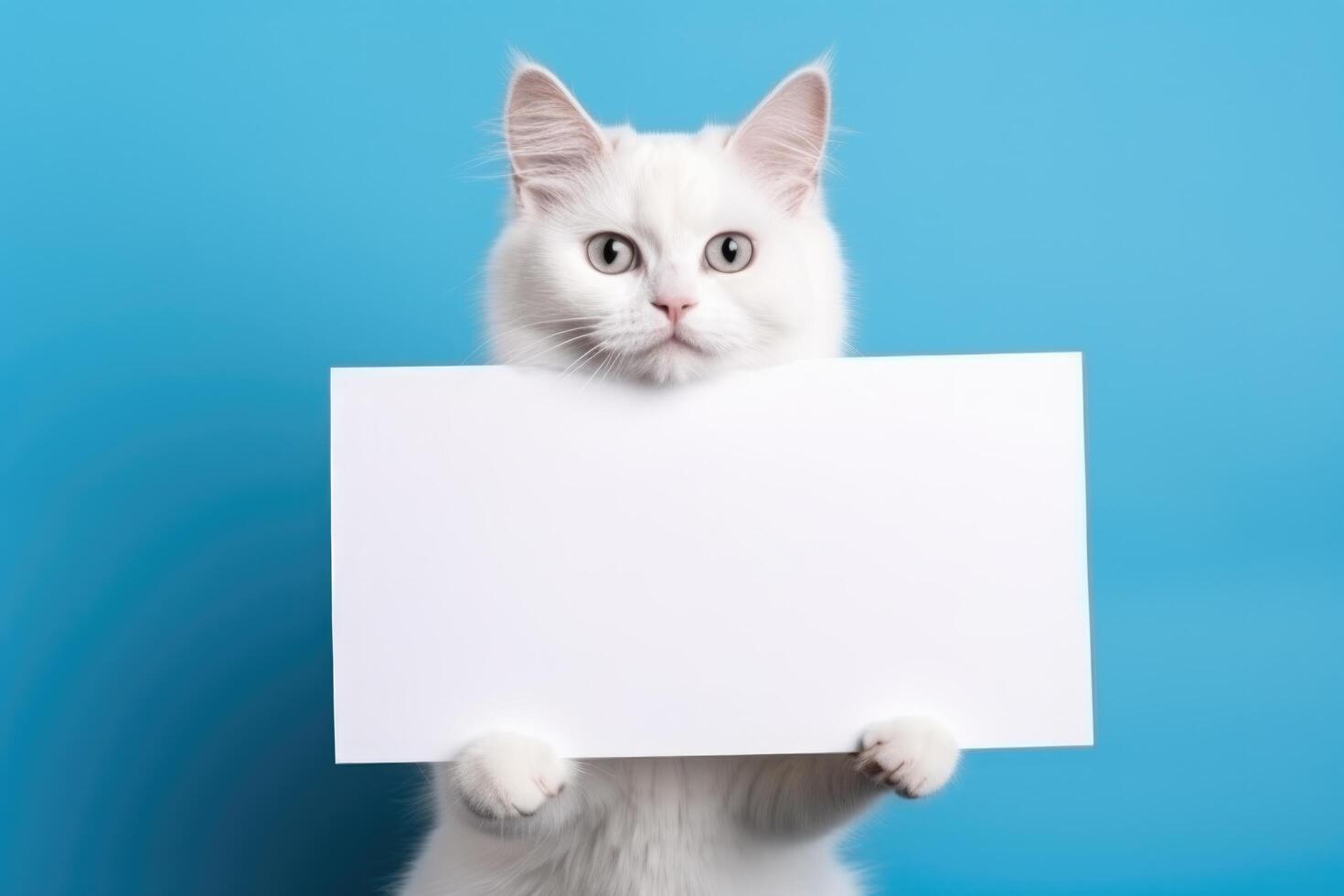 White Cat Holding a Sign on a Blue Background AI Generative photo