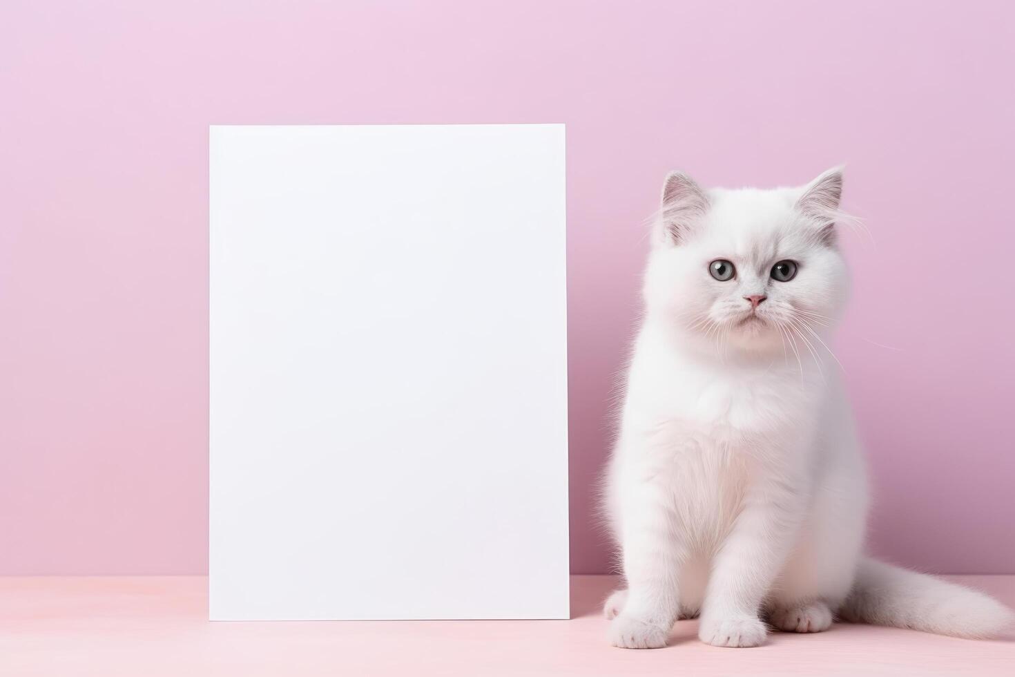 Cute White Kitten Sitting Next to a Blank Sign on a Pink Background photo