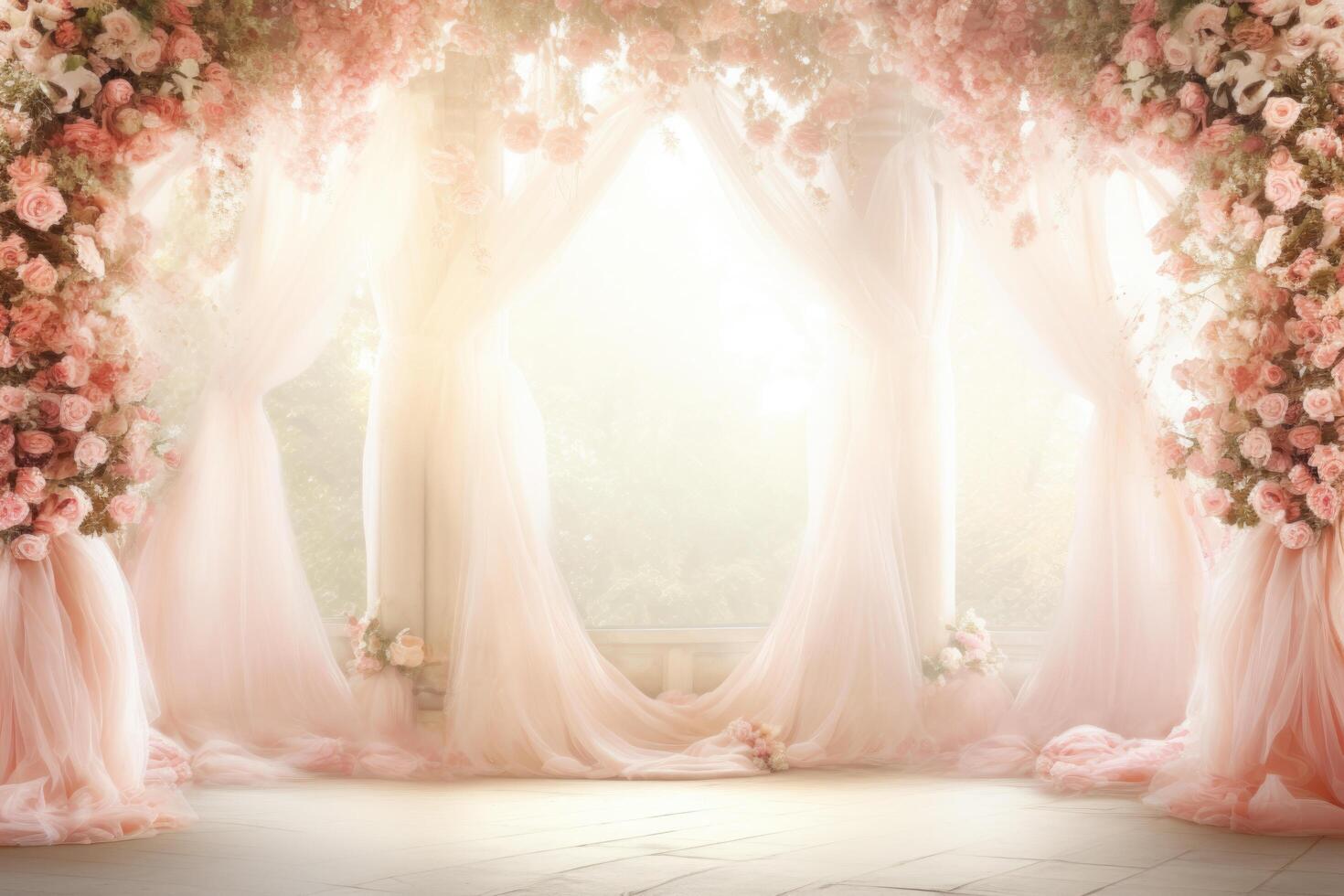 Beautiful Pink Roses and Tulle Curtains in a Room Romantic and Elegant photo