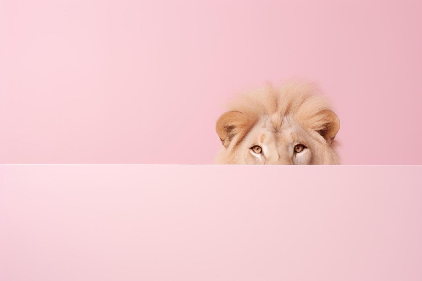 Lion Peeking Out Over A Pink Background Minimalist photo