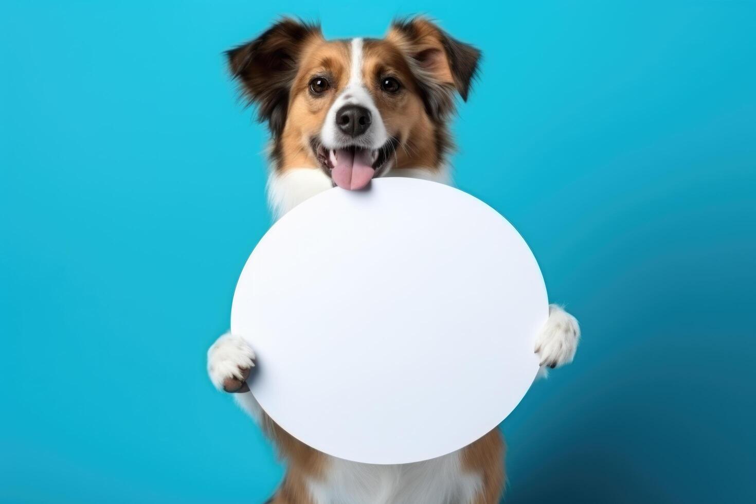Dog Holding Round a Blank Sign on a Blue Background photo