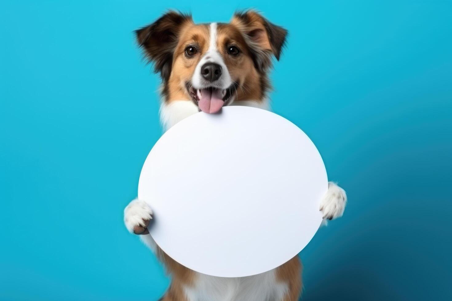 Dog Holding Round a Blank Sign on a Blue Background AI Generative photo