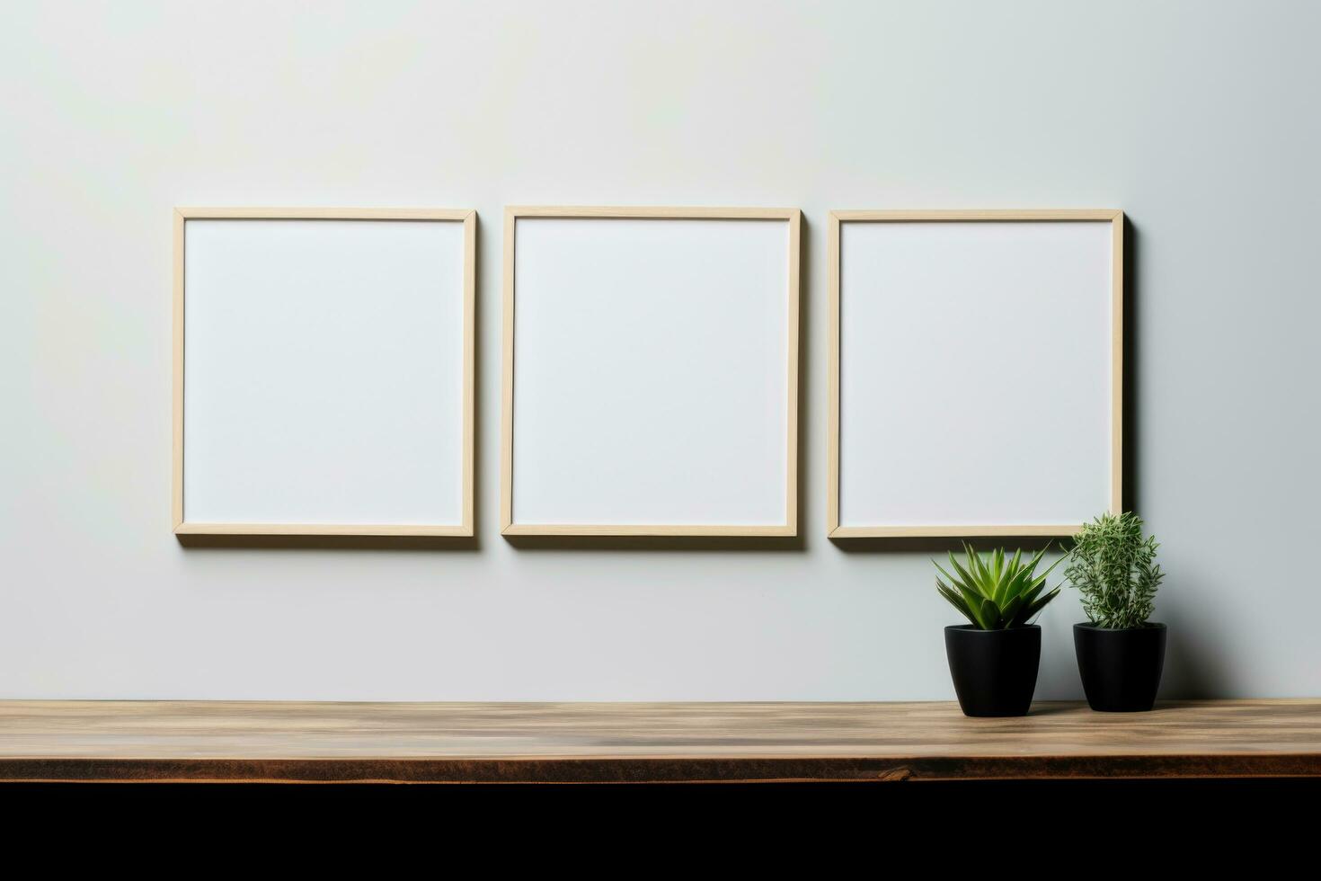 Three Posters Frame on a Wall and Wooden Table AI Generative photo