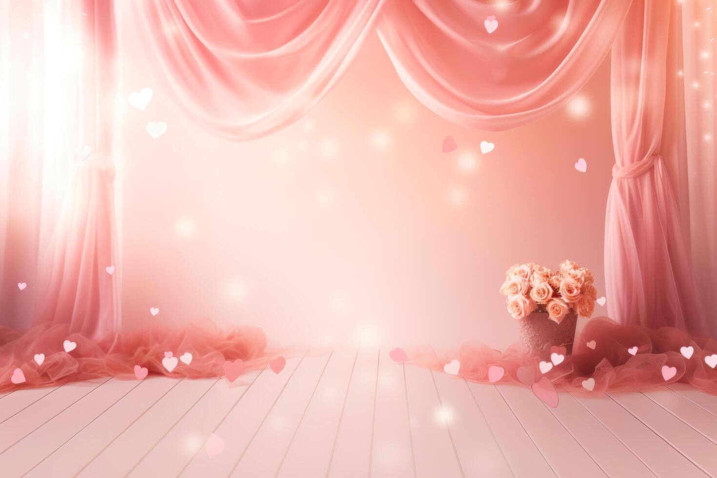 Pink Hearts and Roses in a Vase on a Wooden Floor photo