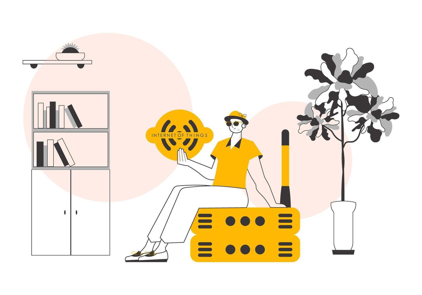 The guy holds the internet of things logo in his hands. Linear trendy style. Vector illustration.