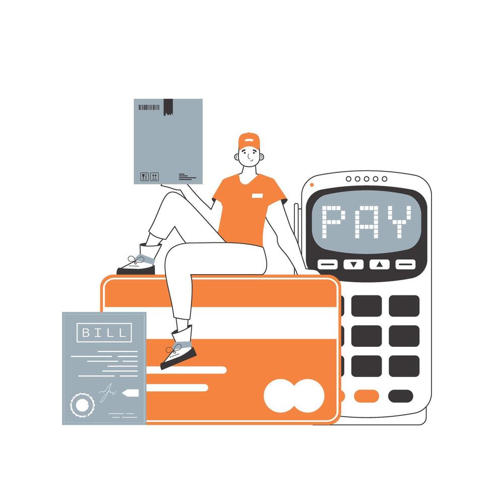 A man sits on a bank card and holds a parcel. The concept of the delivery of goods and parcels. Linear style. Isolated on white background. illustration. vector