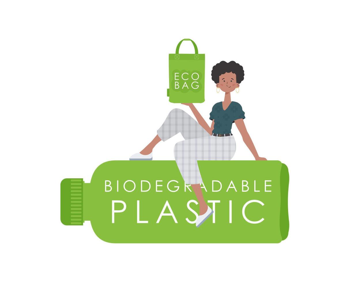 A woman sits on a bottle made of biodegradable plastic and holds an ECO BAG in her hands. Concept of green world and ecology. Isolated. Trend style.Vector illustration. vector