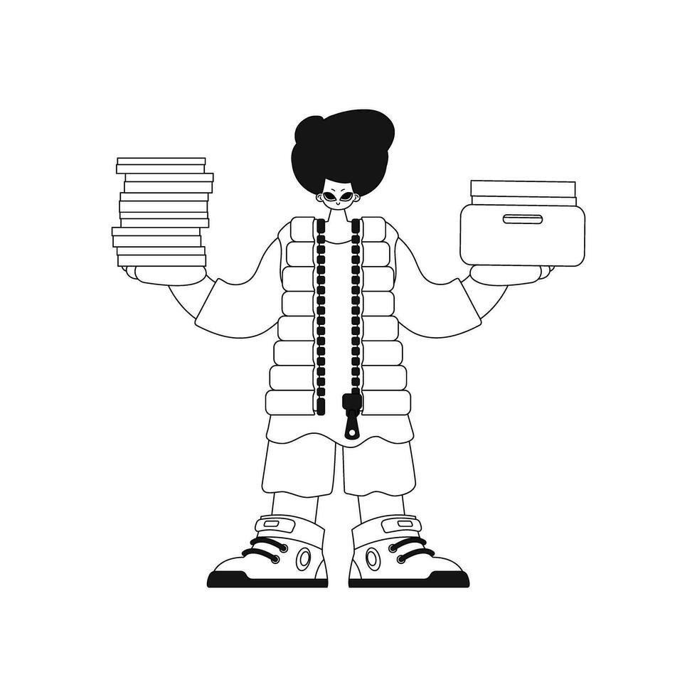 Guy piles with docs in linear style, vector illustration.