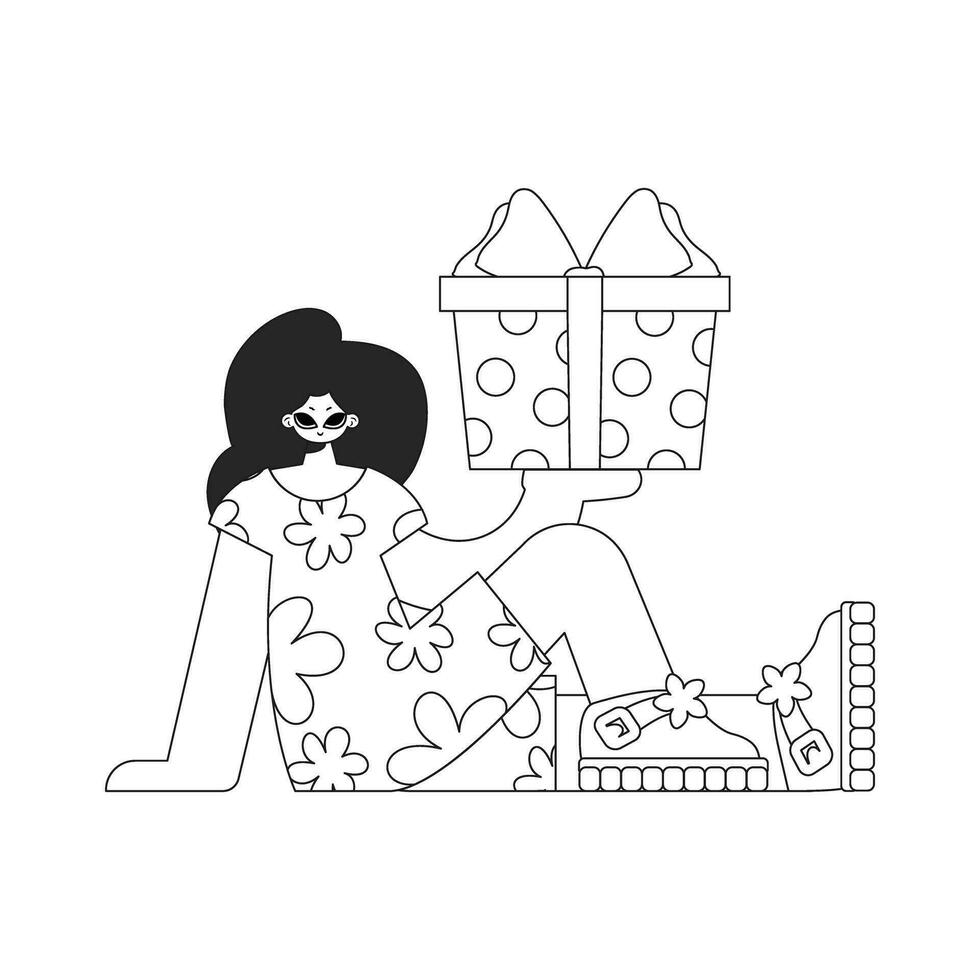 An attractive woman is holding a gift box. Linear style character. vector