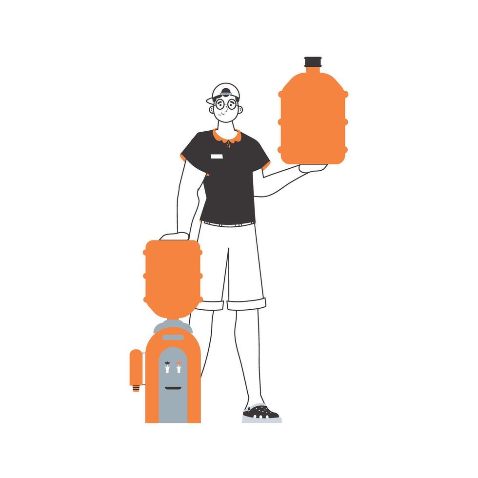 Water delivery concept. A man with a large bottle of water in his hands. Linear style. vector