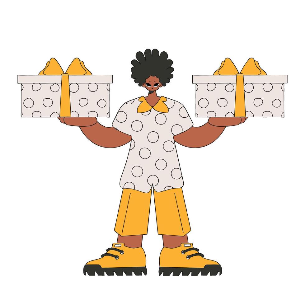 The guy is holding gift boxes. The concept of the holiday and gifts. Bright character in the style of the 80s and 90s. vector