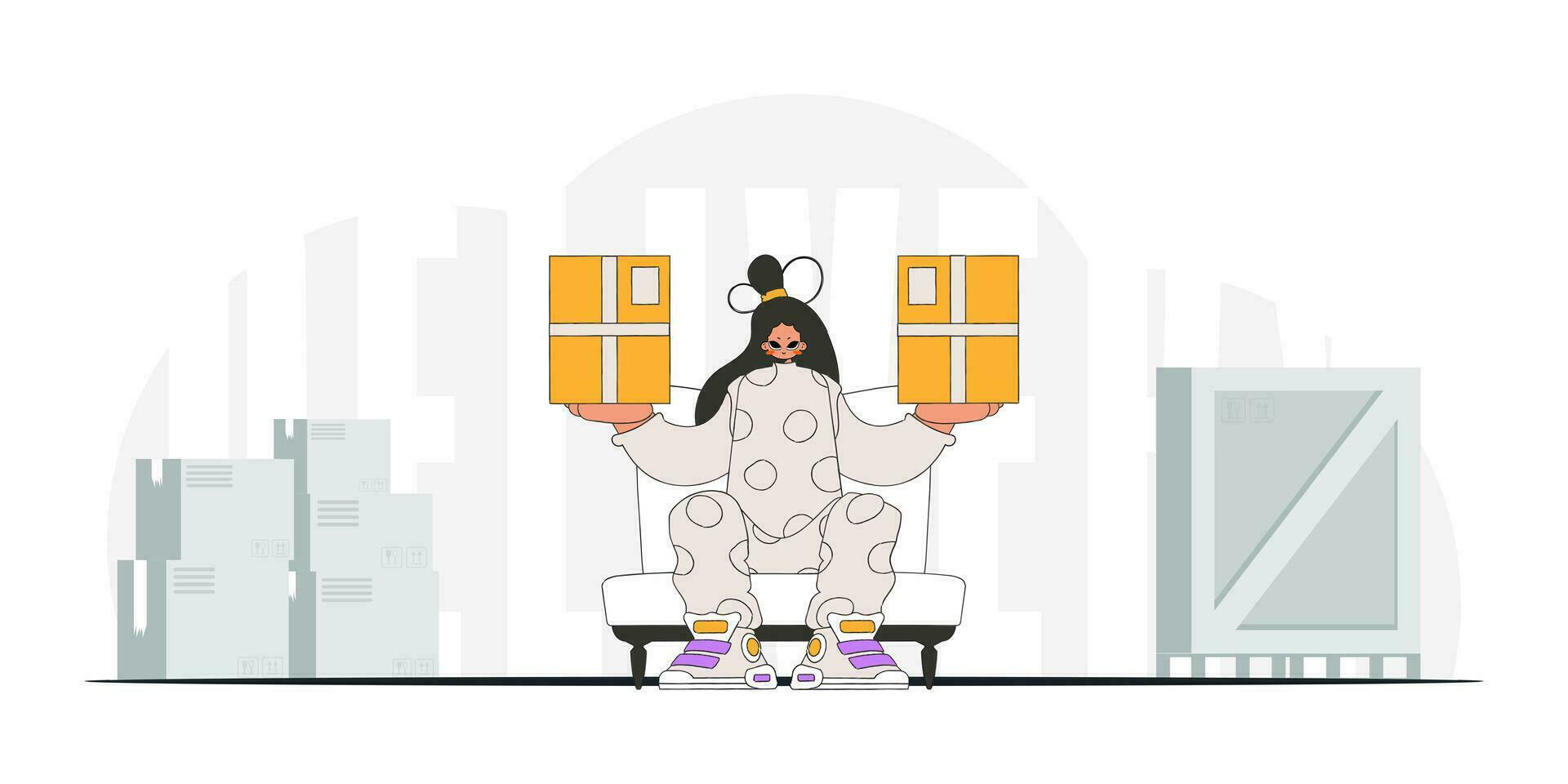 Delightful woman is holding boxes. A graphic representation of the dispatch of consignments and cargo vector