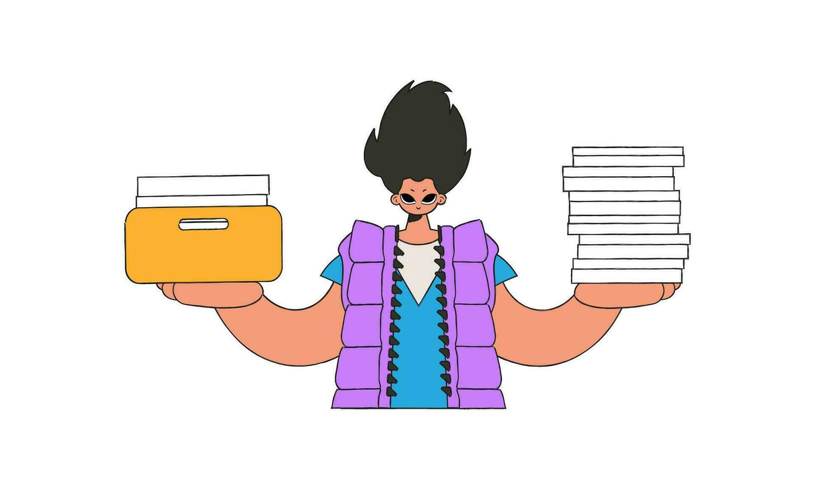 A well-dressed guy holds stacks of documents in his hands. vector