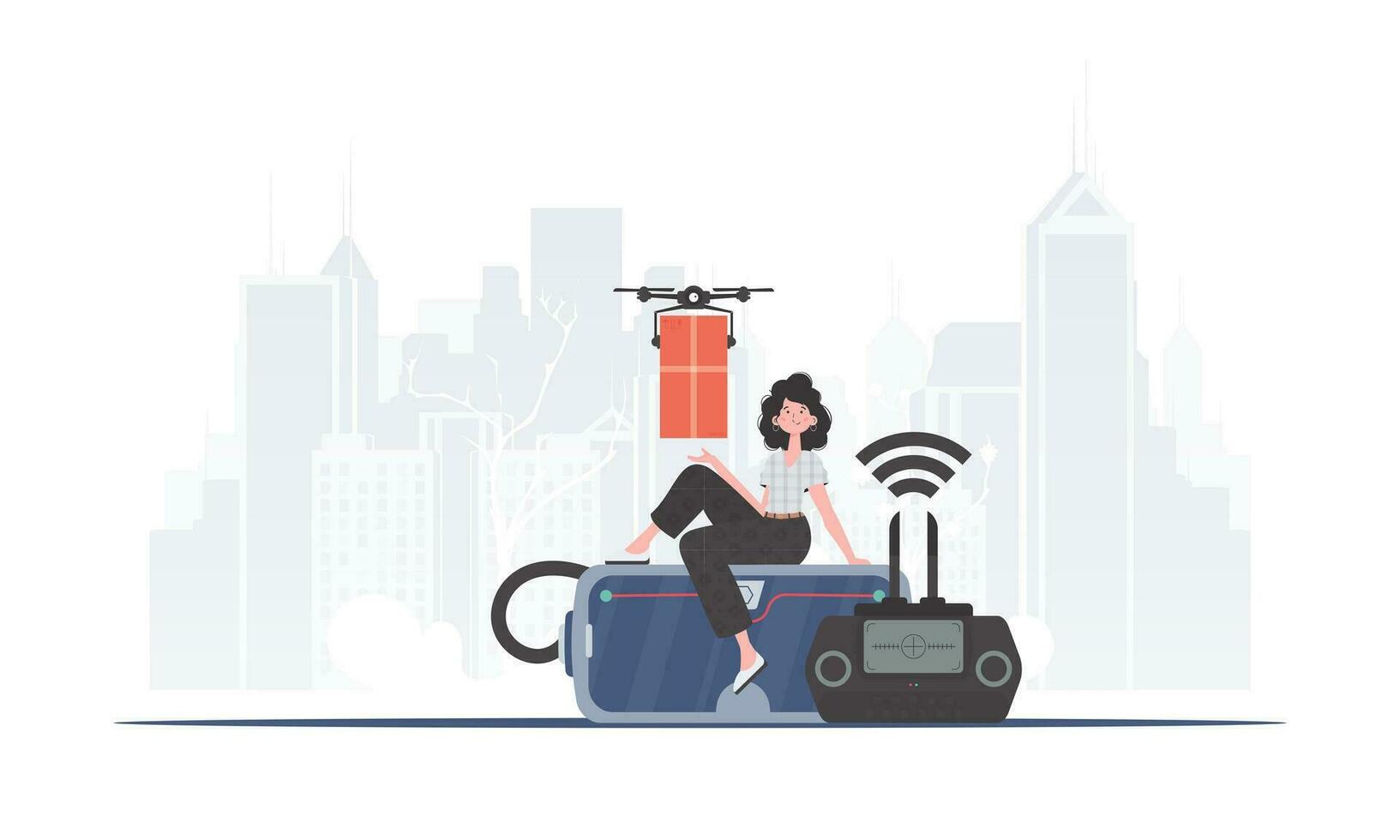 A woman controls a drone with a parcel. The concept of cargo delivery by air. trendy style. Vector. vector