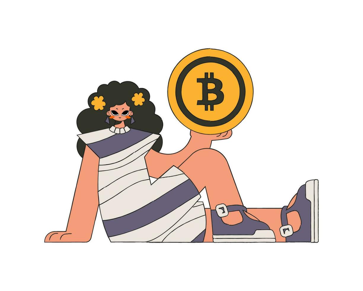 The girl is holding bitcoin in her hands. Character trendy style. vector